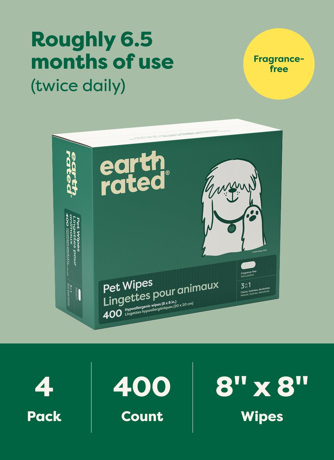 Earth Rated Dog Wipes for Paws & Butt, Deodorizing, Lavender, 100ct