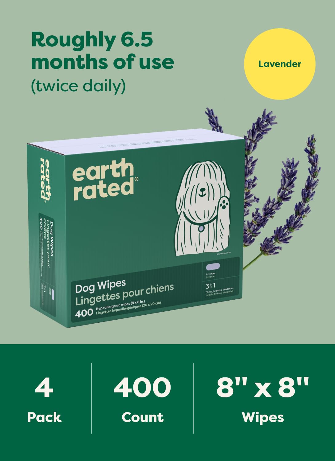 Earth Rated Dog Wipes for Paws & Butt, Deodorizing, Lavender, 100ct