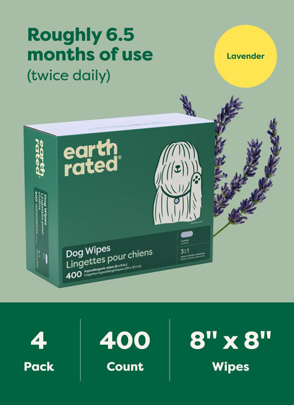 Earth Rated Dog Wipes for Paws & Butt, Deodorizing, Lavender, 100ct