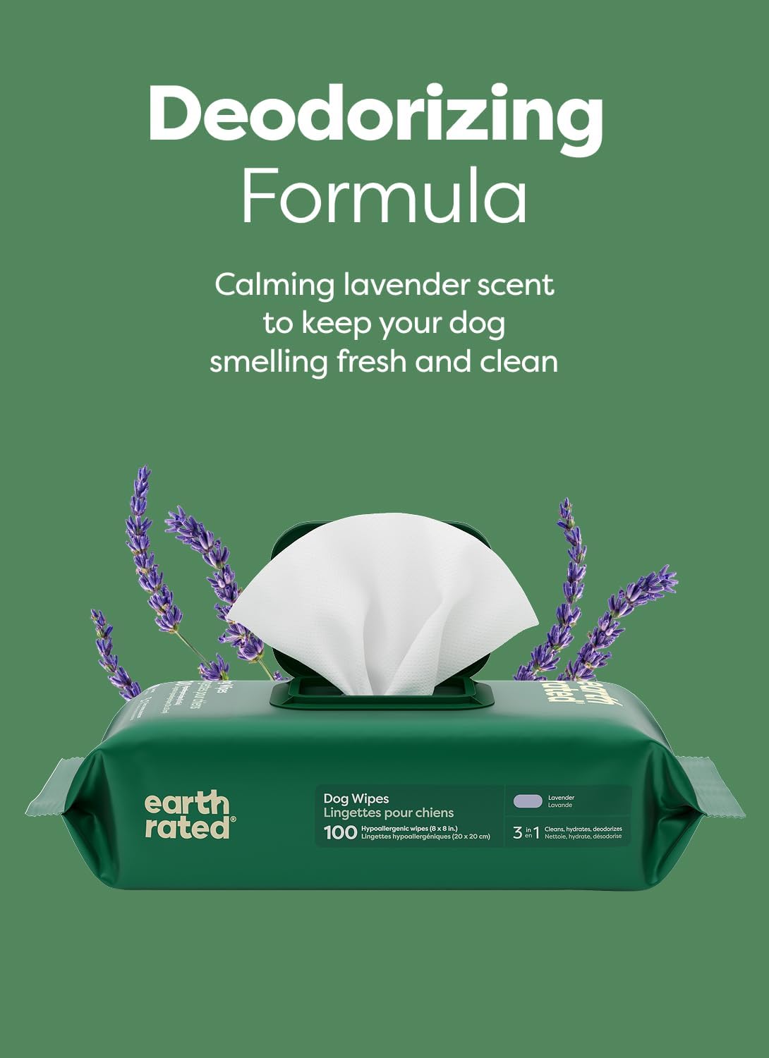 Earth Rated Dog Wipes for Paws & Butt, Deodorizing, Lavender, 100ct