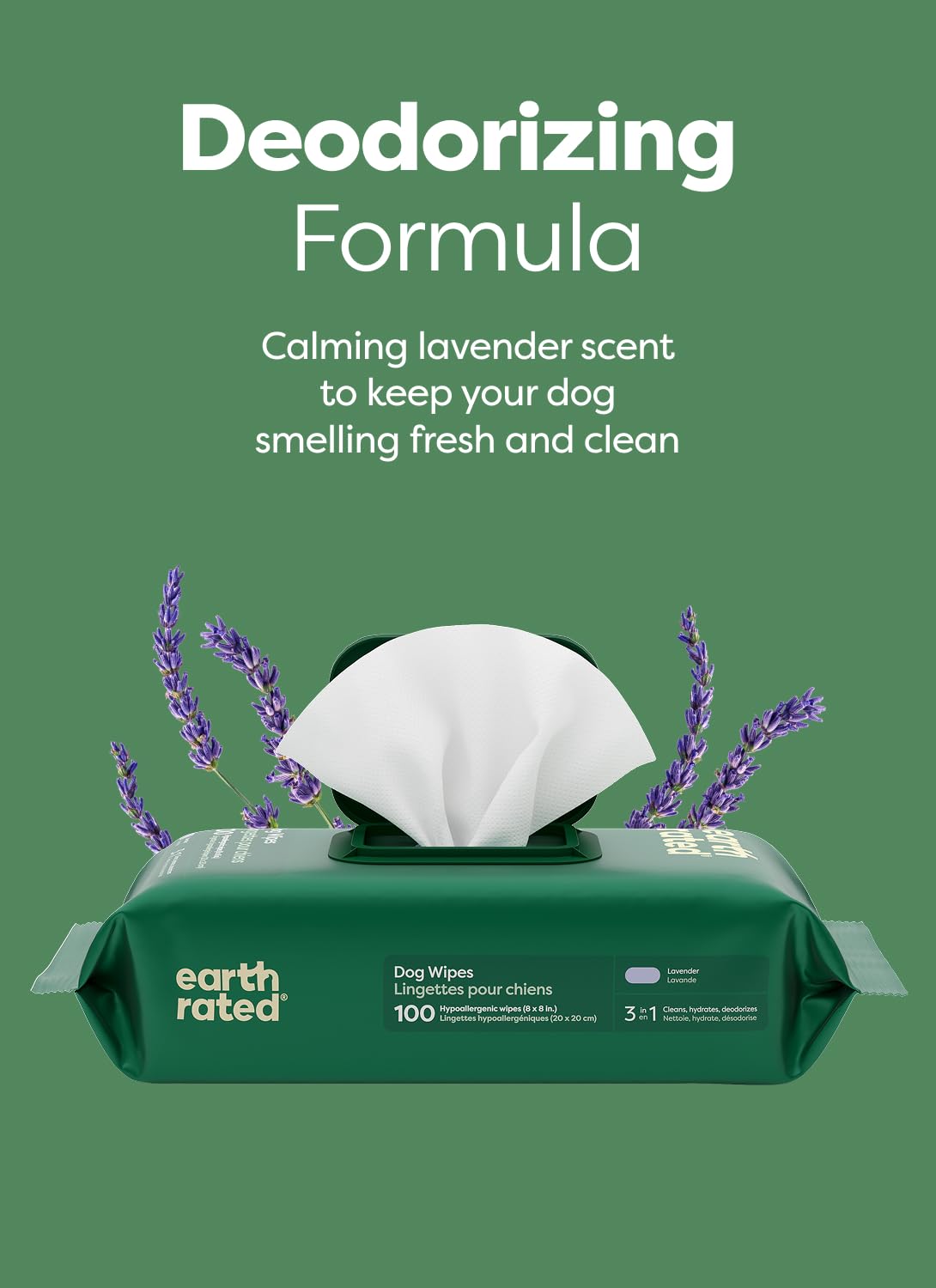 Earth Rated Dog Wipes for Paws & Butt, Deodorizing, Lavender, 100ct