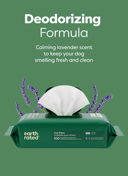 Earth Rated Dog Wipes for Paws & Butt, Deodorizing, Lavender, 100ct