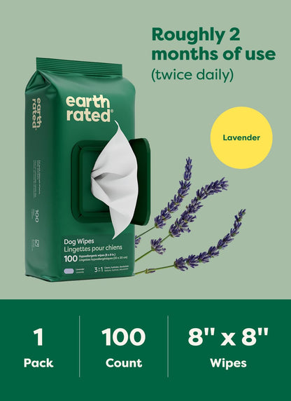 Earth Rated Dog Wipes for Paws & Butt, Deodorizing, Lavender, 100ct