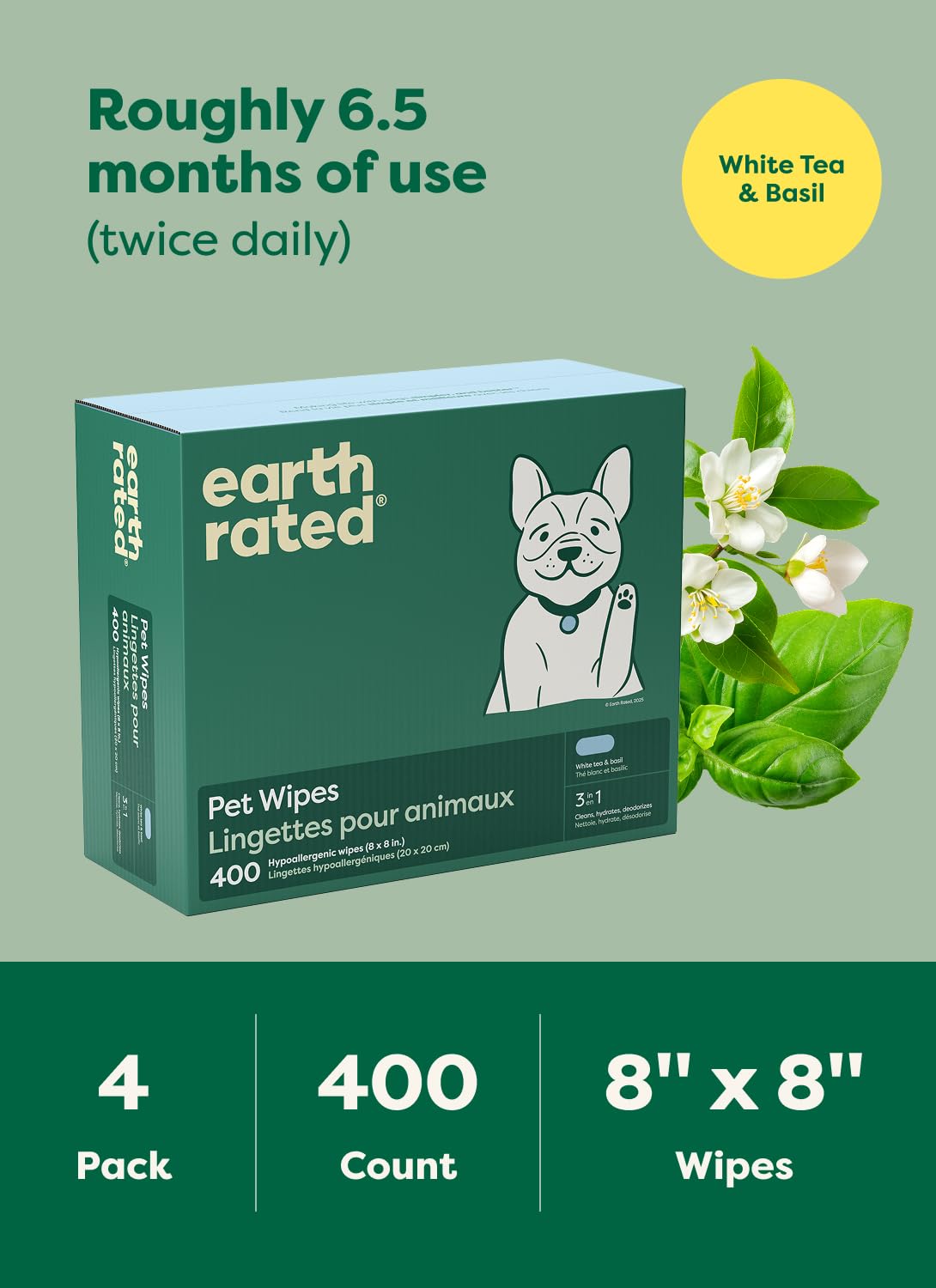 Earth Rated Dog Wipes for Paws & Butt, Deodorizing, Lavender, 100ct