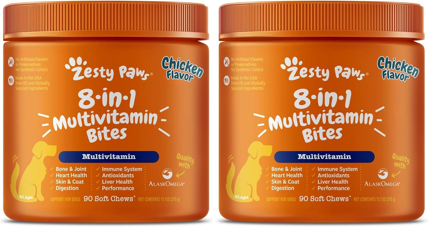 Zesty Paws Dog Multivitamin, Chewable Dog Vitamins and Supplements for Hip & Joints, Skin & Coat, Omega 3 Fish Oil for Dogs- Senior & Puppy Multivitamin- Chicken- 90ct