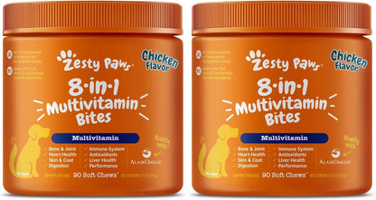 Zesty Paws Dog Multivitamin, Chewable Dog Vitamins and Supplements for Hip & Joints, Skin & Coat, Omega 3 Fish Oil for Dogs- Senior & Puppy Multivitamin- Chicken- 90ct