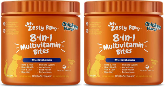 Zesty Paws Dog Multivitamin, Chewable Dog Vitamins and Supplements for Hip & Joints, Skin & Coat, Omega 3 Fish Oil for Dogs- Senior & Puppy Multivitamin- Chicken- 90ct
