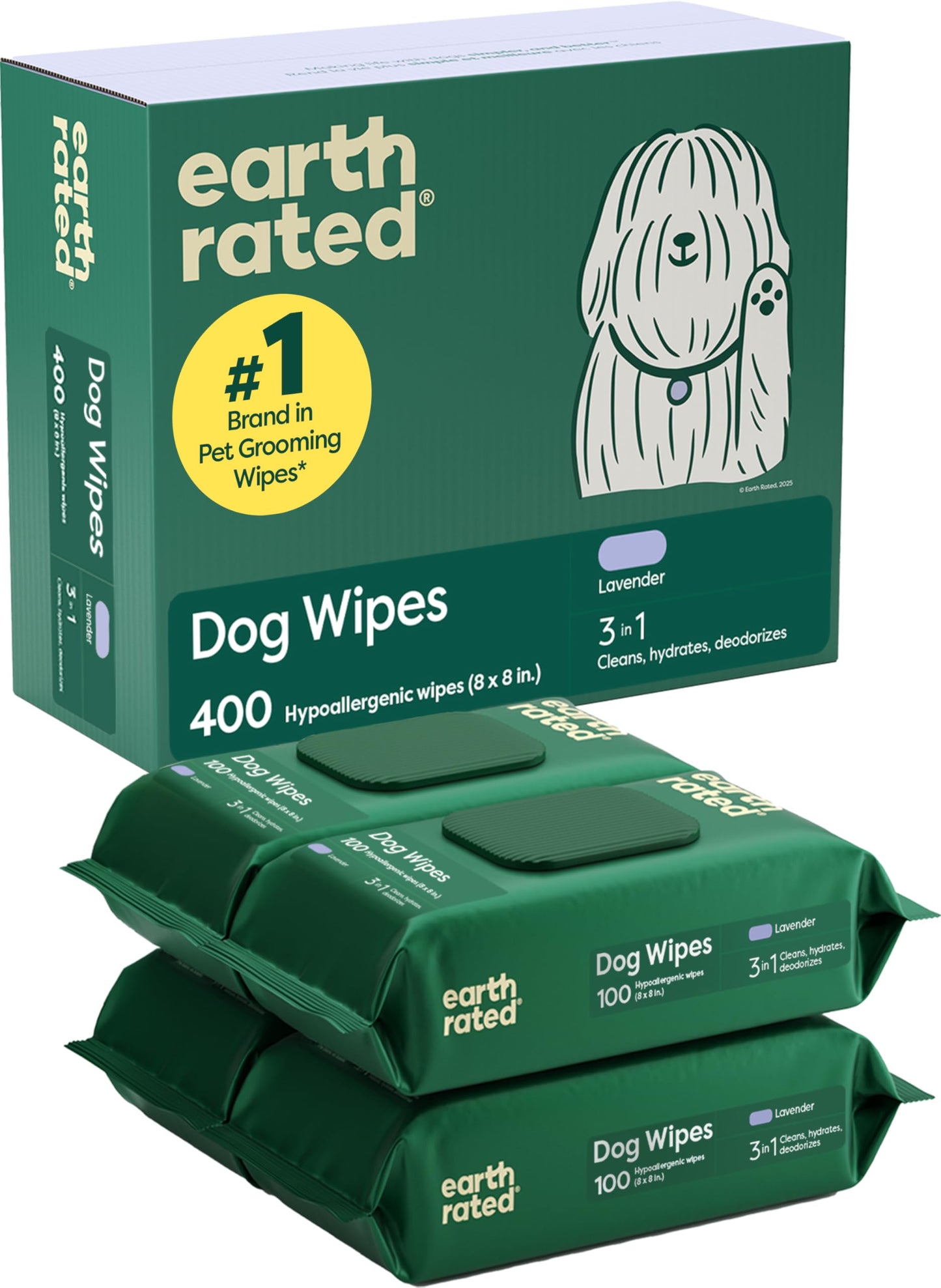 Earth Rated Dog Wipes for Paws & Butt, Deodorizing, Lavender, 100ct