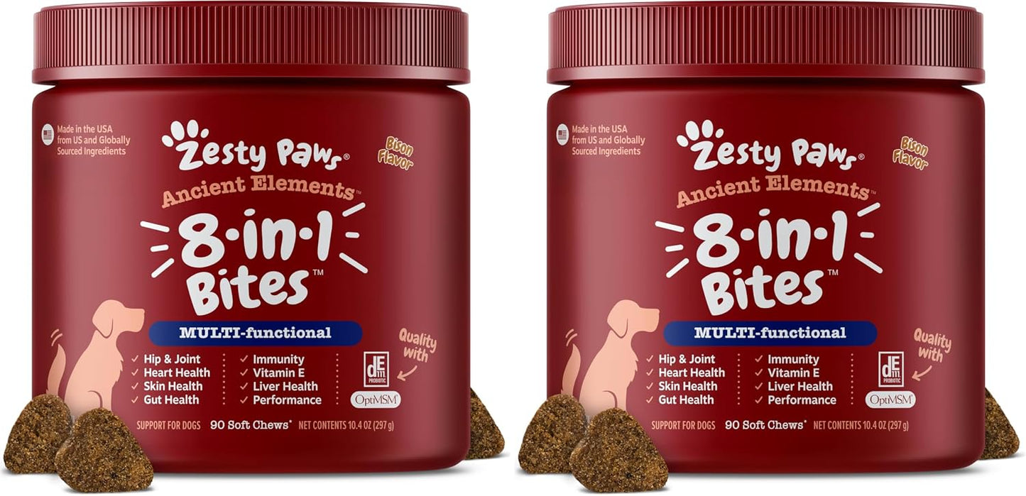 Zesty Paws Dog Multivitamin, Chewable Dog Vitamins and Supplements for Hip & Joints, Skin & Coat, Omega 3 Fish Oil for Dogs- Senior & Puppy Multivitamin- Chicken- 90ct