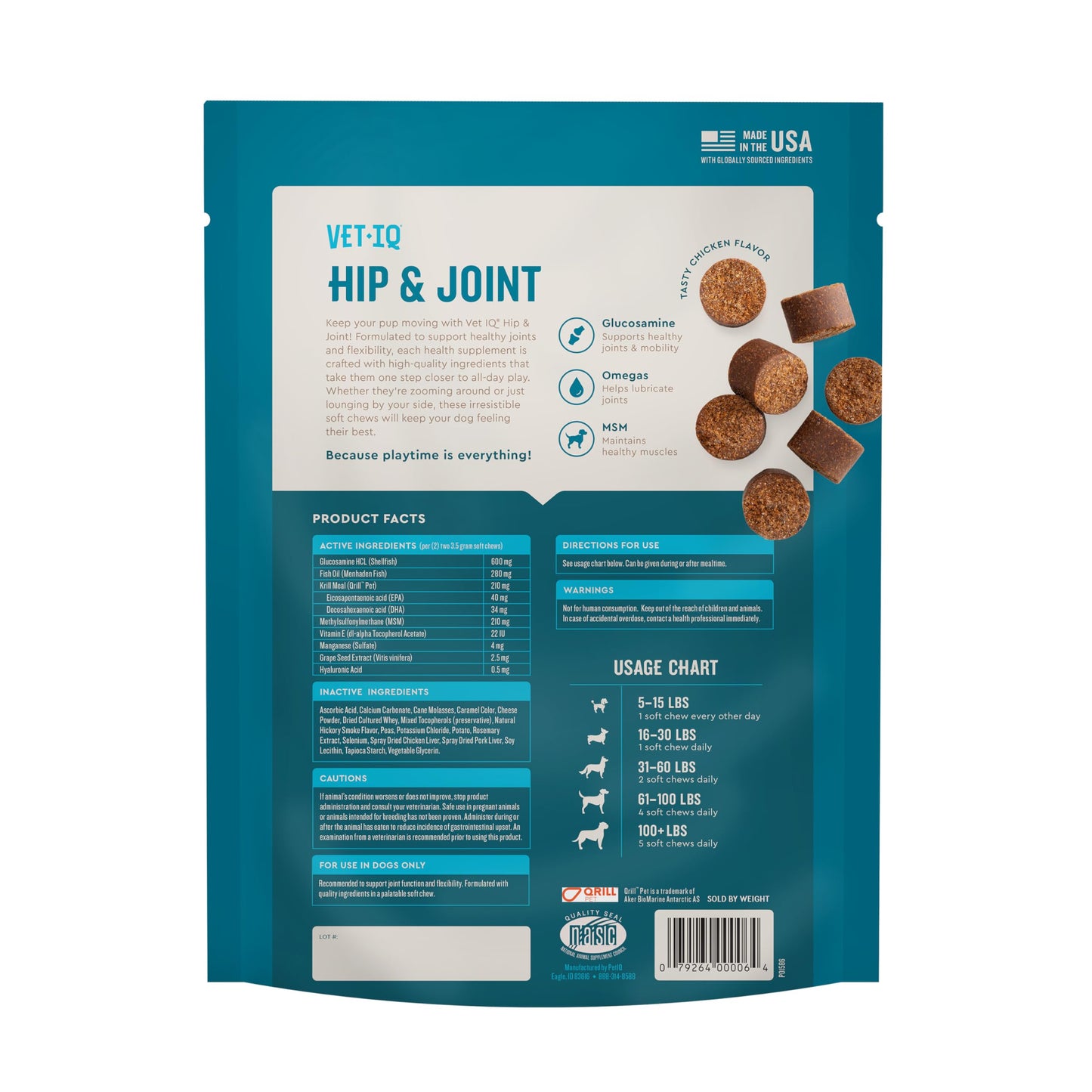 VetIQ Glucosamine Hip & Joint Supplement for Dogs, 180 Soft Chews, Joint Support Supplement with MSM and Krill, Dog Health Supplies Large & Small Breed, Chicken Flavored Chewables