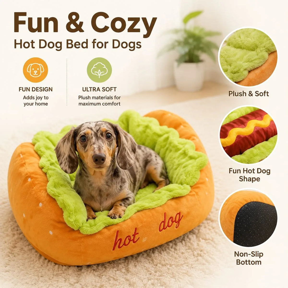 Plush Hot Dog-Shaped Pet Bed