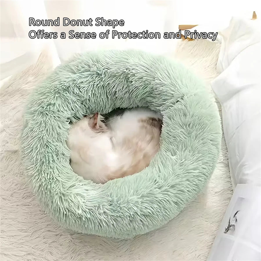 Soft Pet Cat Bed Pad Plush Warm Faux Fur Dog Calm Bed Donut Round Bed Comfortable Sleeping Washable for Small Medium Dog and Cat